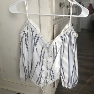 Navy off the shoulder lace up top